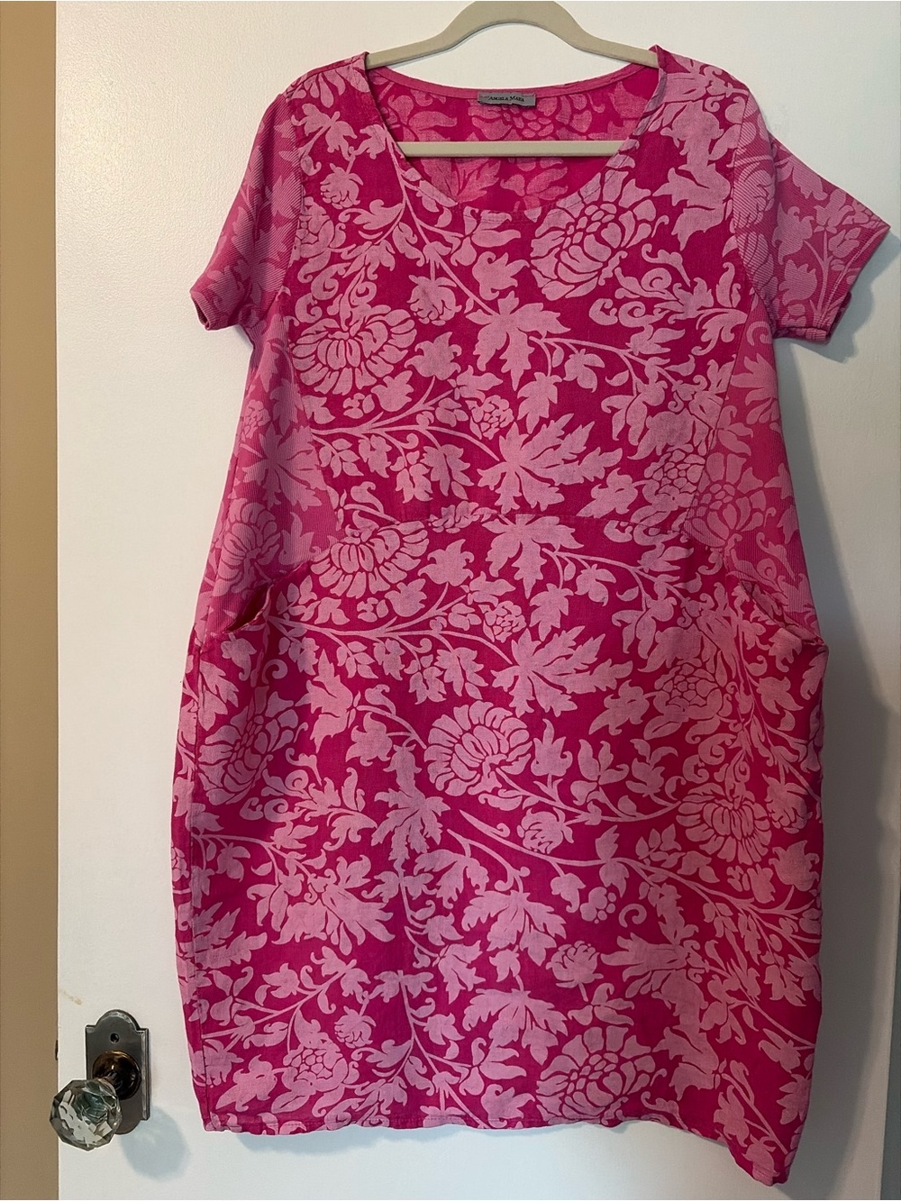 Relaxed Floral Midi Summer Shift Dress in Hot Pink %100 Linen